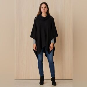 Janice Apparel Black Knit Hooded Poncho Cowl Neck Open Knit OSFM